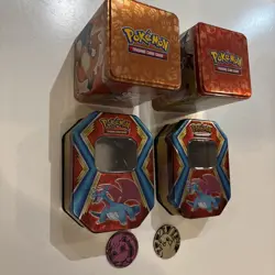 Lot Of (4) Pokemon Card EMPTY Collector’s Tins & (2) Plastic Coins - Image 3