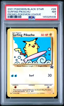 2001 POKEMON PROMO BLACK STAR POKEMON LEAGUE #28 SURFING PIKACHU PSA 7 - Image 1
