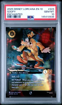 2025 DISNEY LORCANA EN 10-ENCHANTED #223 GOOFY - GALUMPHING GUMSHOE PSA 10 - Image 1