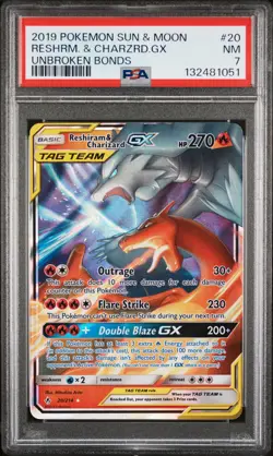 2019 POKEMON SUN & MOON UNBROKEN BONDS #20 RESHIRAM & CHARIZARD GX PSA 7 - Image 1