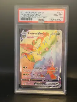 Pokemon Evolving Skies 2021 Leafeon VMAX Rainbow Secret Rare Card #204/203 PSA10 - Image 1