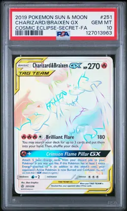 2019 POKEMON SUN & MOON COSMIC ECLIPSE FULL ART/CHARIZARD & BRAIXEN GX PSA 10 - Image 1