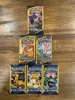 Pokemon TCG 3-card Mini Packs x6 (Team Up/Unbroken Bonds/Evolutions) SEALED NEW - Image 1