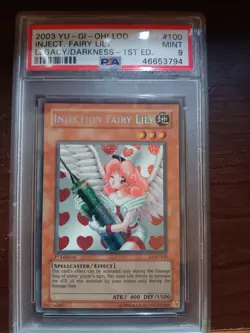Yugioh 2003 Injection Fairy Lily 1st LOD-100 PSA 9 Secret Rare - Image 1