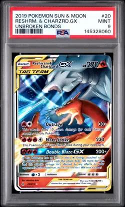 Pokemon TCG Reshiram & Charizard GX Holo Card 20/214 Unbroken Bonds PSA 9 - Image 1