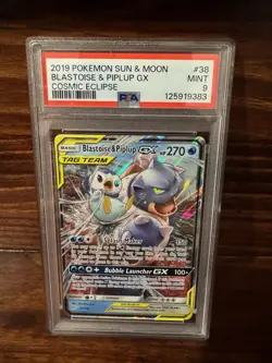 2019 Pokemon Cosmic Eclipse Holo Blastoise and Piplup GX #38/236 PSA 9 Mint - Image 1