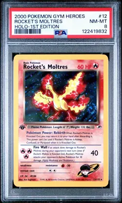Pokemon TCG Rockets Moltres Holo Rare Card 12/132 Gym Heroes 1st Edition PSA 8 - Image 1
