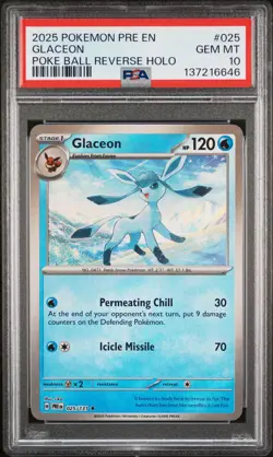 2025 POKEMON PRE EN-PRISMATIC EVOLUTIONS POKE BALL REVERSE HOLO GLACEON PSA 10 - Image 1