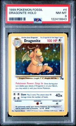 Pokemon TCG Dragonite Fossil 1999 Holo Rare Card 4/62 PSA 8 - Image 1