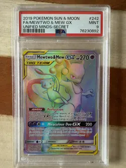 Pokemon Mewtwo & Mew GX 242/236 Full Art Secret Rare Unified Minds PSA 9- CLEAN - Image 1
