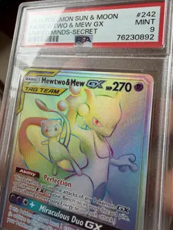 Pokemon Mewtwo & Mew GX 242/236 Full Art Secret Rare Unified Minds PSA 9- CLEAN - Image 2