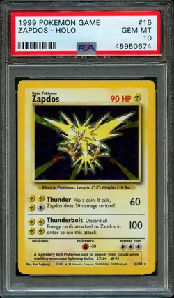 PSA 10 GEM MINT Zapdos 16/102 HOLO RARE Base Set Pokemon Card - Image 1