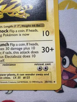 Electabuzz 20/102 Shadowless Base Set Pokemon Card 1999 Lightly Played + - Image 4