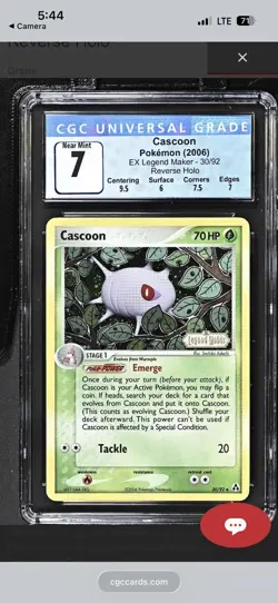 CGC 7 NM Cascoon 30/92 REVERSE HOLO EX Legend Maker Pokemon Card - Image 1