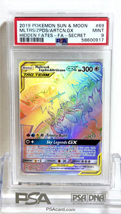 2019 POKEMON HIDDEN FATES SECRET FULL ART #69 MOLTRES ZAPDOS & ARTICUNO GX PSA 9 - Image 1
