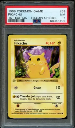 Pokemon 1st Edition Gray Stamp Yellow Cheeks Pikachu #58 | PSA 7 NM | Base Set - Image 1