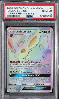 2018 POKEMON SUN & MOON ULTRA PRISM SECRET #157 FULL ART/LEAFEON GX PSA 10 - Image 1