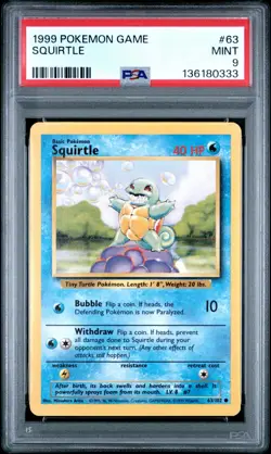 1999 POKEMON GAME BASE SET UNLIMITED SQUIRTLE #63 PSA MINT 9 - Image 1