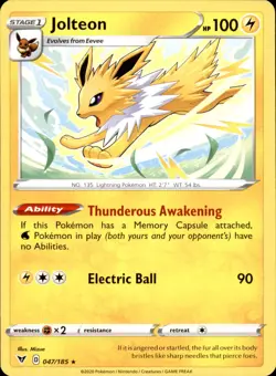 Jolteon 047/185 Rare - Pokemon SWSH04: Vivid Voltage NM - Image 1