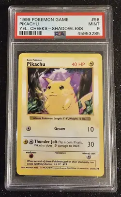 1999 POKEMON BASE SET YELLOW CHEEKS-SHADOWLESS #58 PIKACHU PSA 9 - Image 1