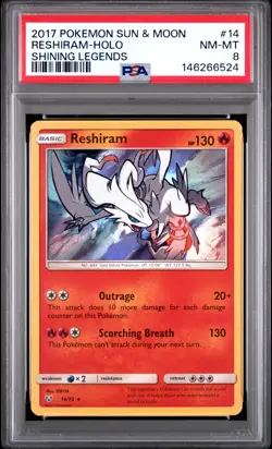 2017 POKEMON SUN & MOON SHINING LEGENDS #14 RESHIRAM-HOLO PSA 8 - Image 1