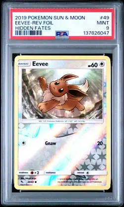 2019 POKEMON SUN & MOON HIDDEN FATES #49 EEVEE-REVERSE FOIL PSA 9 - Image 1