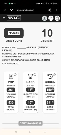 TAG 10 GEM - BIRTHDAY PIKACHU HOLO - BLACK STAR PROMO #24 - Pokemon CELEBRATIONS - Image 4