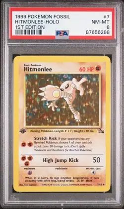 1999 POKEMON FOSSIL 1ST ED #7 HITMONLEE-HOLO PSA 8 - Image 1