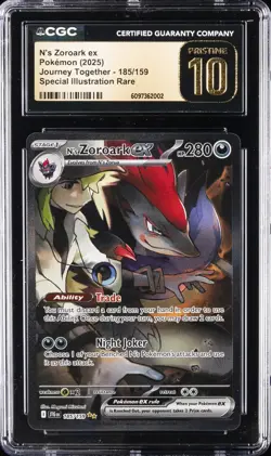 2025 POKEMON JOURNEY TOGETHER N’S ZOROARK EX SIR HOLO #185 CGC 10 PRISTINE - Image 1