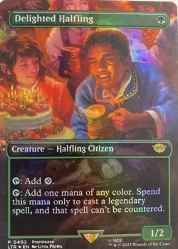 MTG Delighted Halfling NM Tales Prerelease Borderless Foil - Image 1