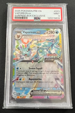 Pokemon Vaporeon ex 023/131 Prismatic Evolutions Surprise Box Stamped Card PSA 9 - Image 1