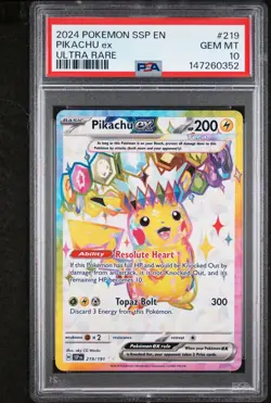 2024 POKEMON SURGING SPARKS ULTRA RARE #219 PIKACHU EX PSA 10 - Image 1