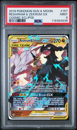 [PSA 9] Reshiram & Zekrom GX 157/236 Cosmic Eclipse Tag Team Holo Rare POKEMON - Image 1