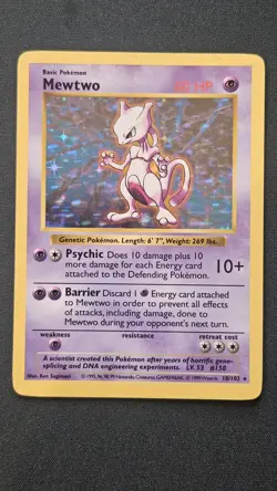 Pokemon TCG Base Set Shadowless Mewtwo 10/102 Holo Rare 60 HP English Card - Image 1