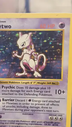 Pokemon TCG Base Set Shadowless Mewtwo 10/102 Holo Rare 60 HP English Card - Image 3
