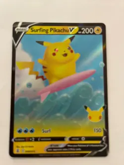 Pokemon Celebrations Surfing Pikachu V Holo 25th Anniversary 08/25 Pack Fresh - Image 1