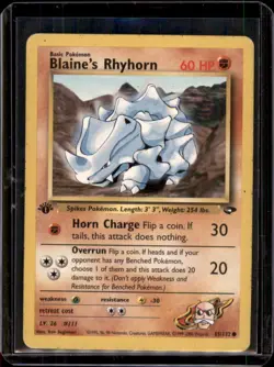 65/132 Blaine’s Rhyhorn 1st Edition Gym Challenge Pokemon Card - Heavy Play - Image 1