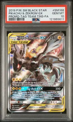 Pokemon Pikachu & Zekrom GX Tag Team Tin Promo Full Art #SM168 PSA 10 - Image 1