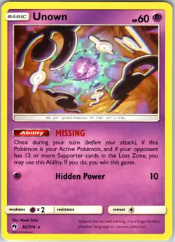 Unown 92/214 Rare Regular Card SM - Lost Thunder Pokemon TCG LP - Image 1