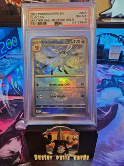 2025 Pokemon Prismatic Evolutions Master Ball Reverse Holo GLACEON #025 PSA 8 - Image 1