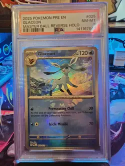2025 Pokemon Prismatic Evolutions Master Ball Reverse Holo GLACEON #025 PSA 8 - Image 2