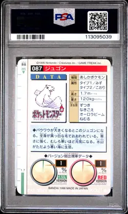 1996 POKEMON JPN BANDAI CARDDASS VENDING #87 DEWGONG PSA 8 - Image 2