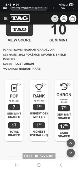 2022 SWORD & SHIELD LOST ORIGIN #069/196 RADIANT GARDEVOIR TAG 10 GRADED Rank 1 - Image 3