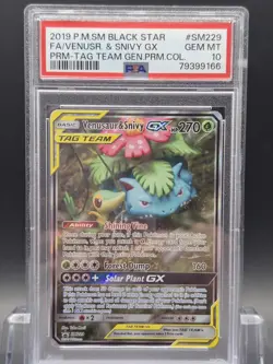 Venusaur & Snivy GX SM229 Full Art Tag Team Promo Black Star Pokemon Card PSA 10 - Image 1