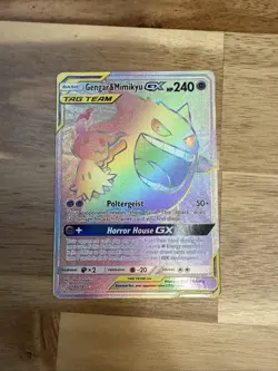 Pokemon TCG Gengar & Mimikyu GX Holo Card 186/181 Sun & Moon Team Up Secret Rare - Image 1