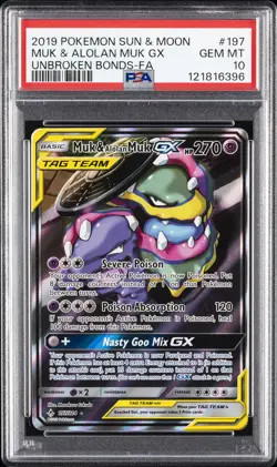 2019 POKEMON SUN & MOON UNBROKEN BONDS #197 FULL ART/MUK & ALOLAN MUK GX PSA 10 - Image 1