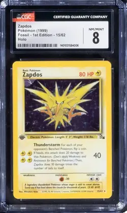 1999 Pokemon Zapdos 15/62 1st Edition Fossil Holo CGC 8 - Image 1