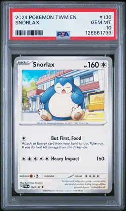 2024 POKEMON TWM EN-TWILIGHT MASQUERADE #136 SNORLAX PSA 10 - Image 1