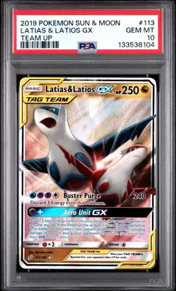 2019 POKEMON SUN & MOON TEAM UP #113 LATIAS & LATIOS GX PSA 10 - Image 1