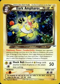 Pokemon Dark Ampharos 1/105 Neo Destiny Holo Rare Moderately Played - Image 1